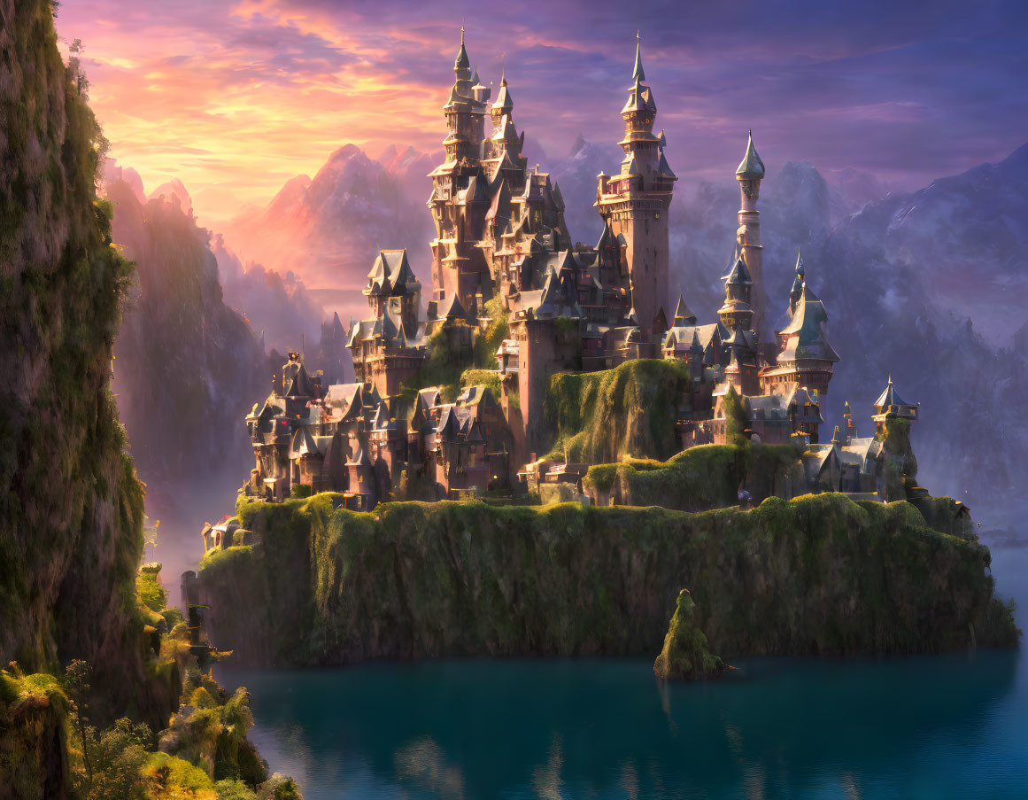 Majestic castle with spires on cliff overlooking lake at sunrise