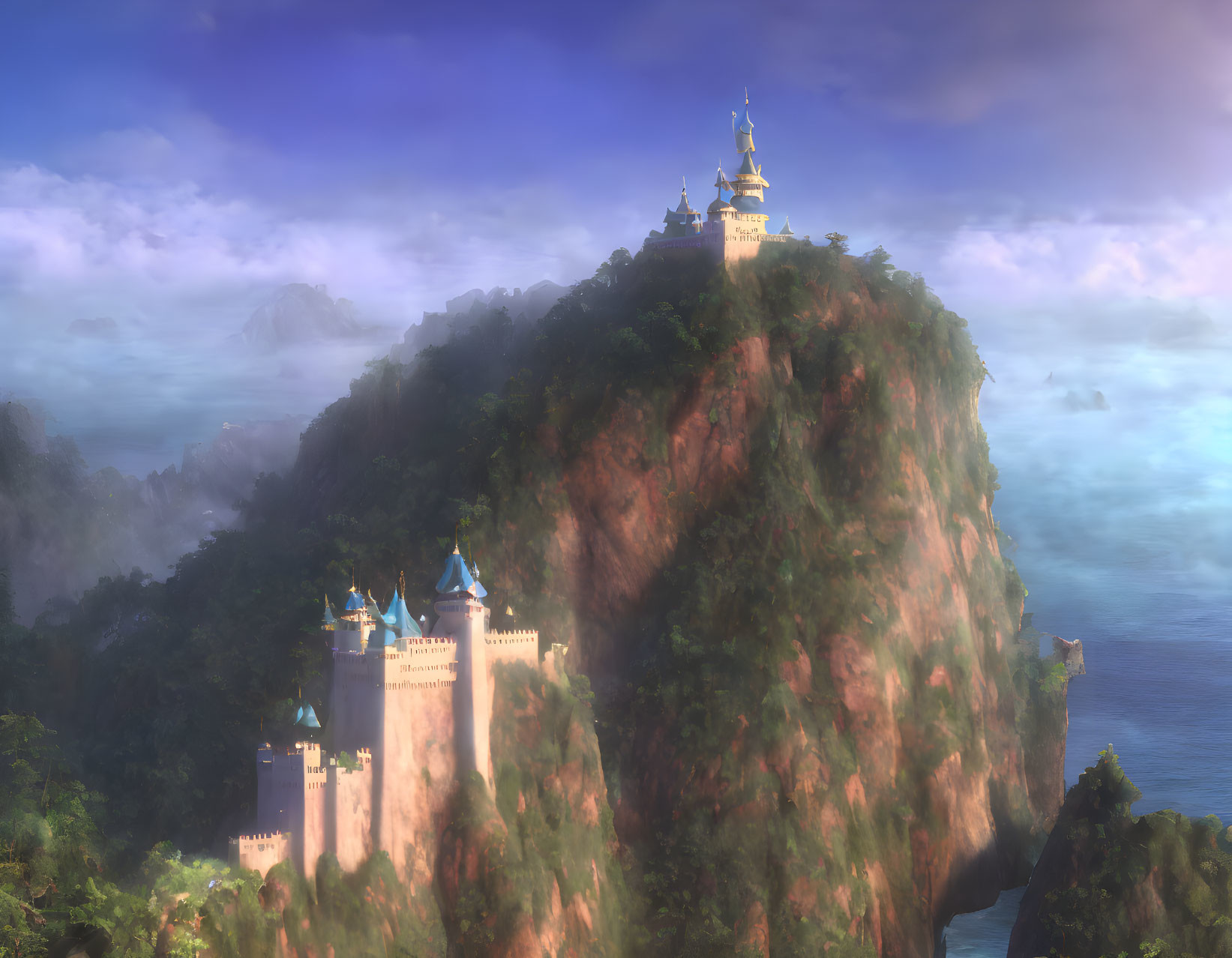 Majestic fantasy castle on cliff in lush landscape