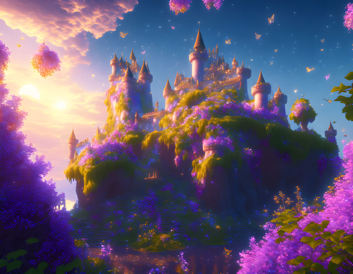 Fantastical castle on lush hill with purple foliage under sunset sky