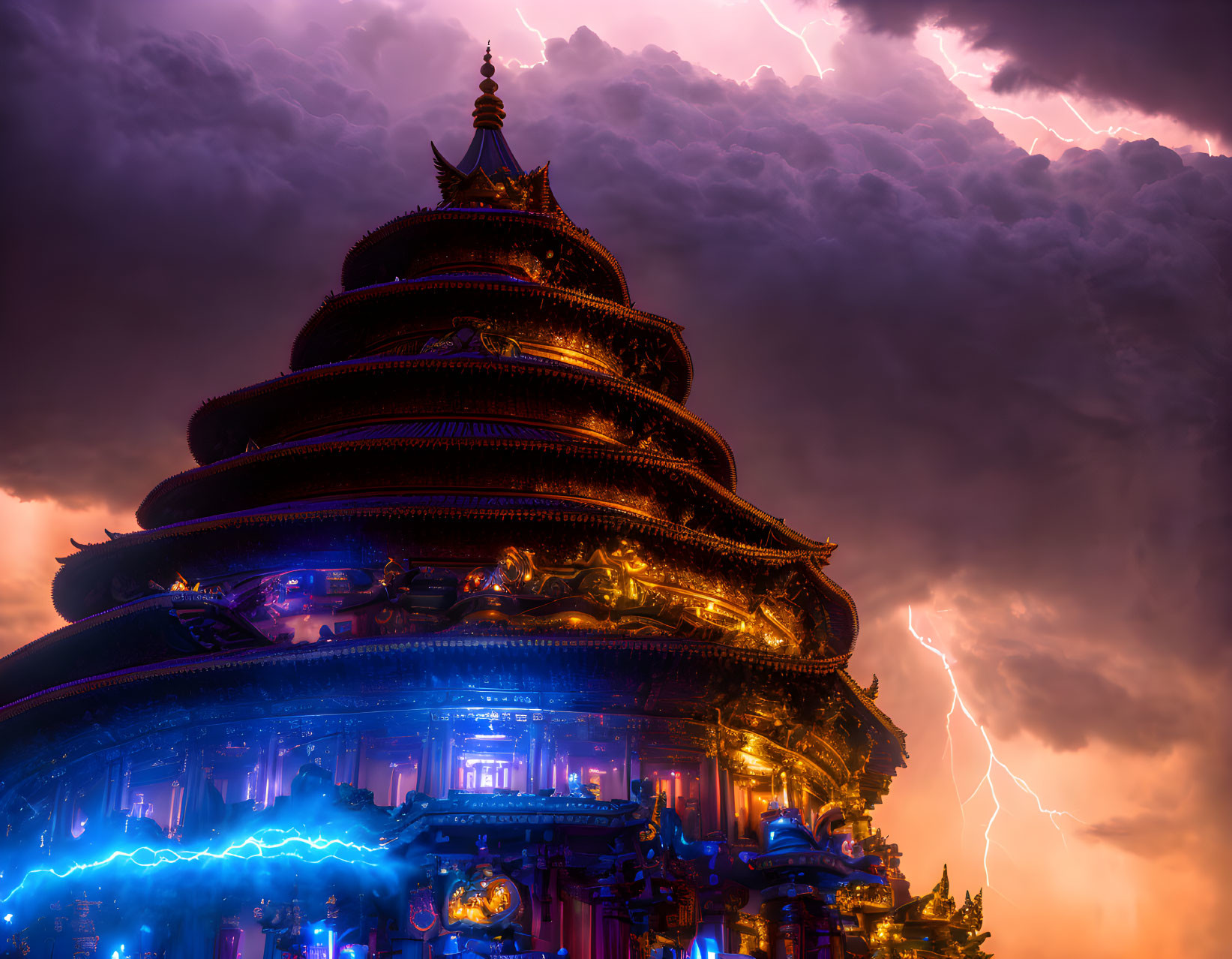Majestic multi-tiered pagoda with neon lights under dramatic purple sky