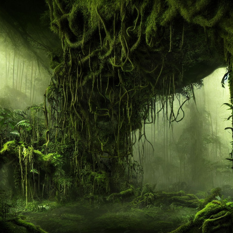 Lush Green Forest with Dense Foliage and Mystical Atmosphere