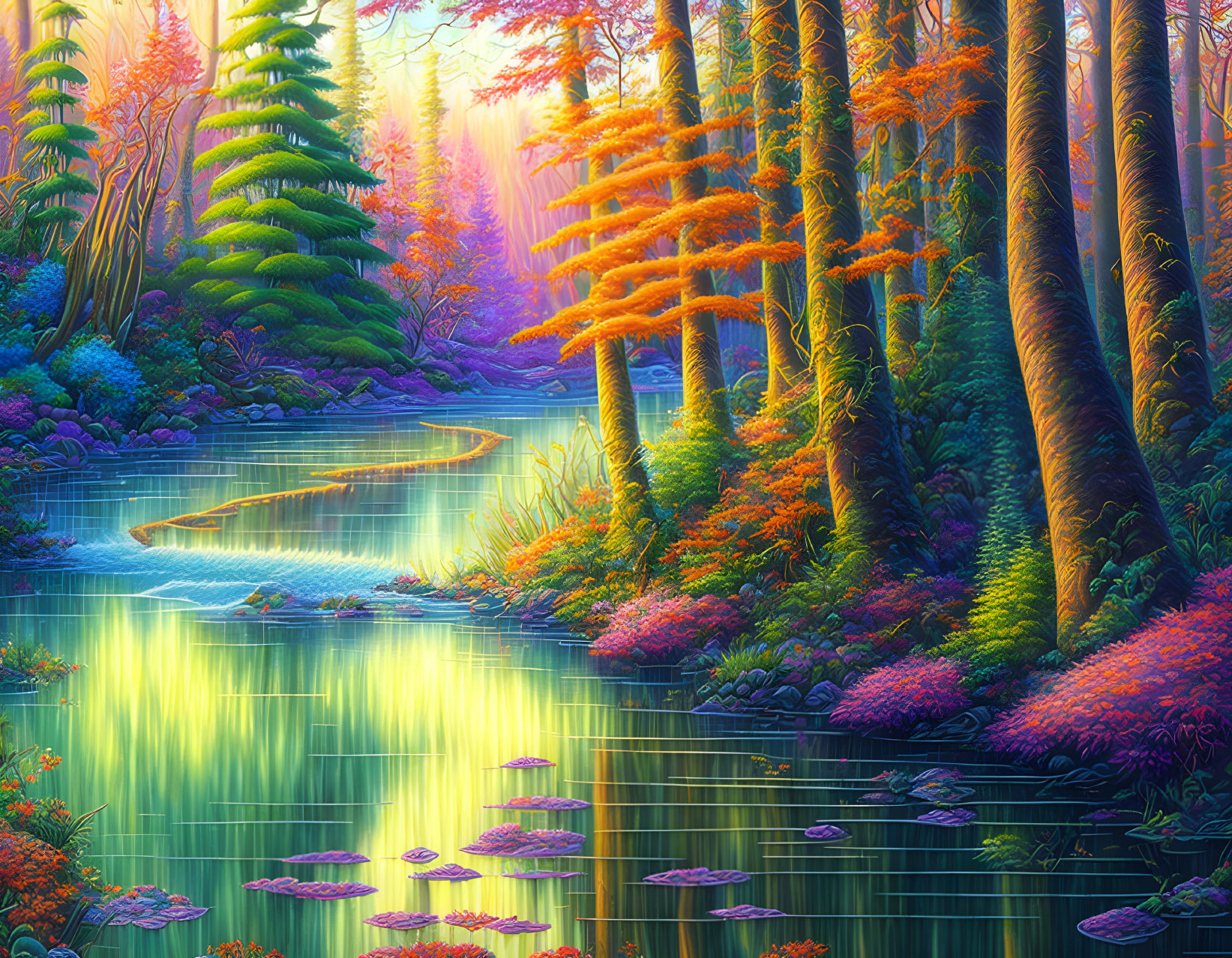 Colorful Fantasy Forest with River and Sunrays