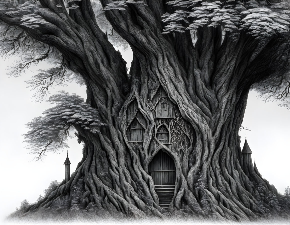 Detailed black and white illustration of massive tree with whimsical treehouse and towers.