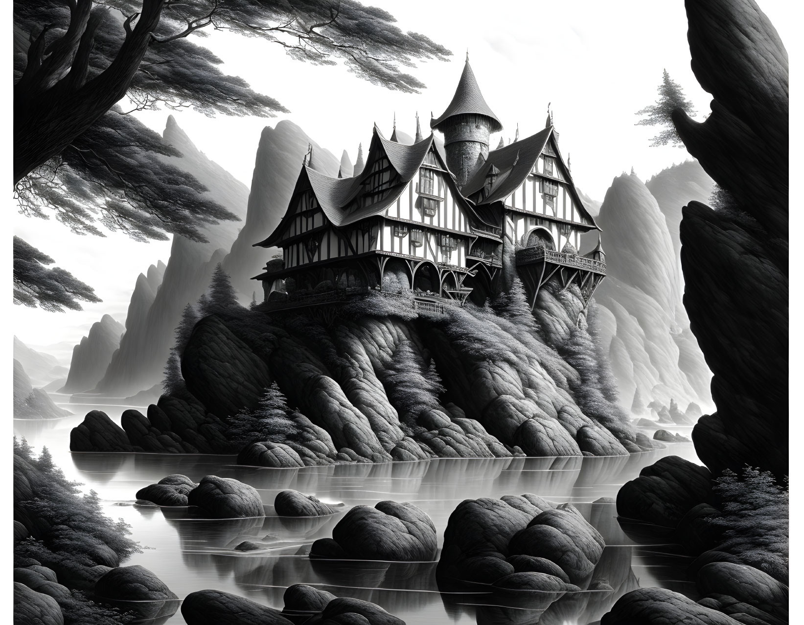 Monochrome fantasy castle on rugged cliffs in ethereal forest