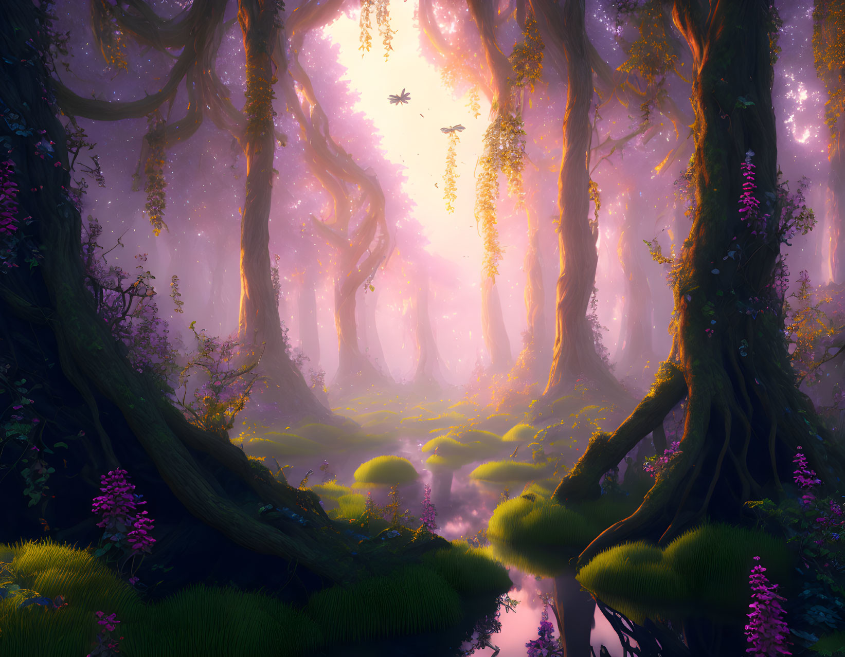 Enchanted forest with glowing purple hues and fantastical creatures.