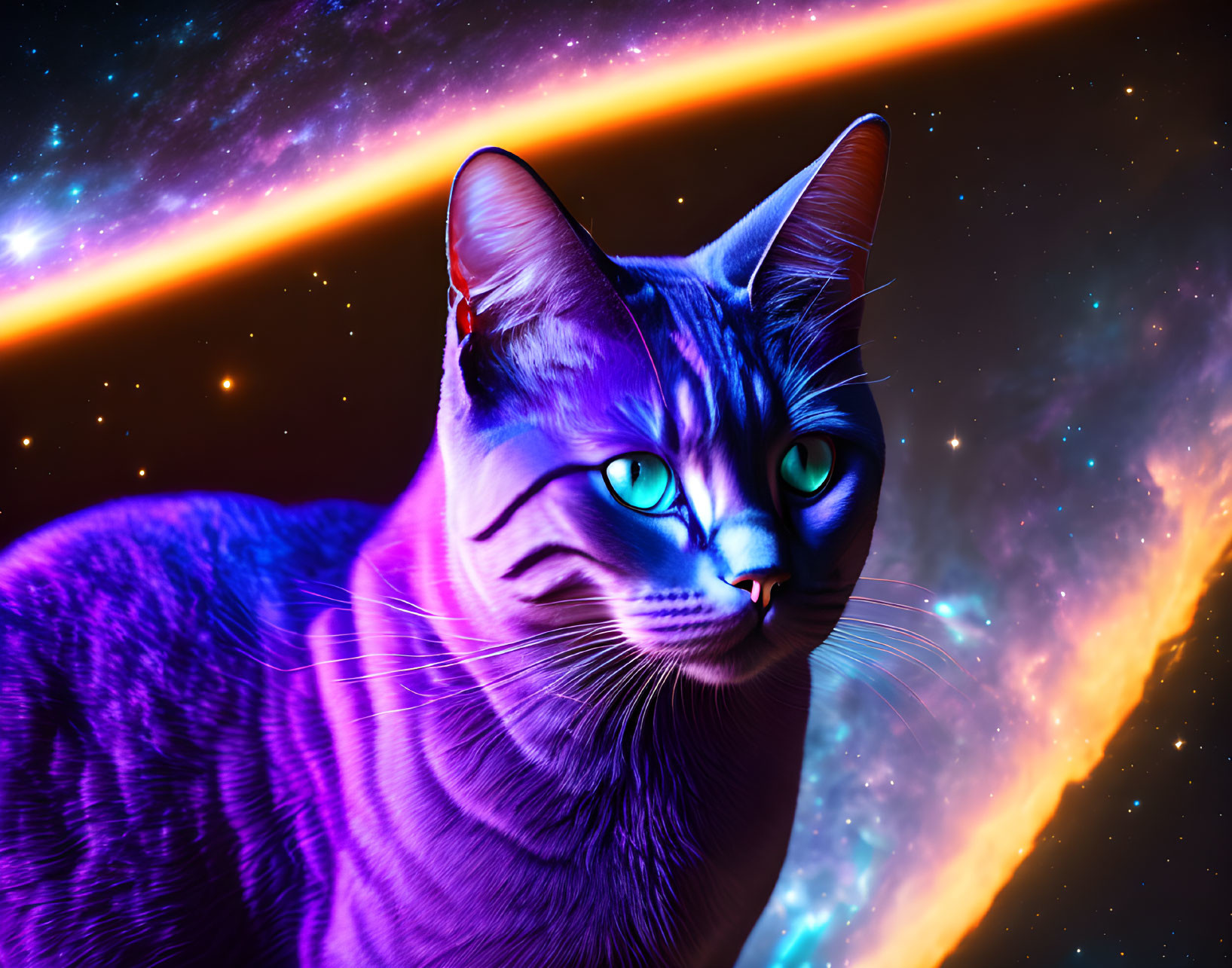 Colorful digital artwork: Blue cat with green eyes in cosmic scene