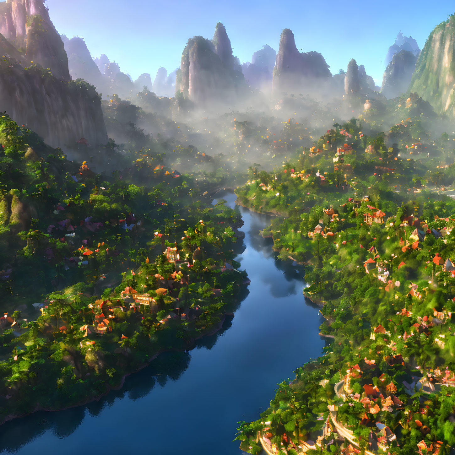 Vibrant fantasy landscape with river, greenery, mist, and settlements