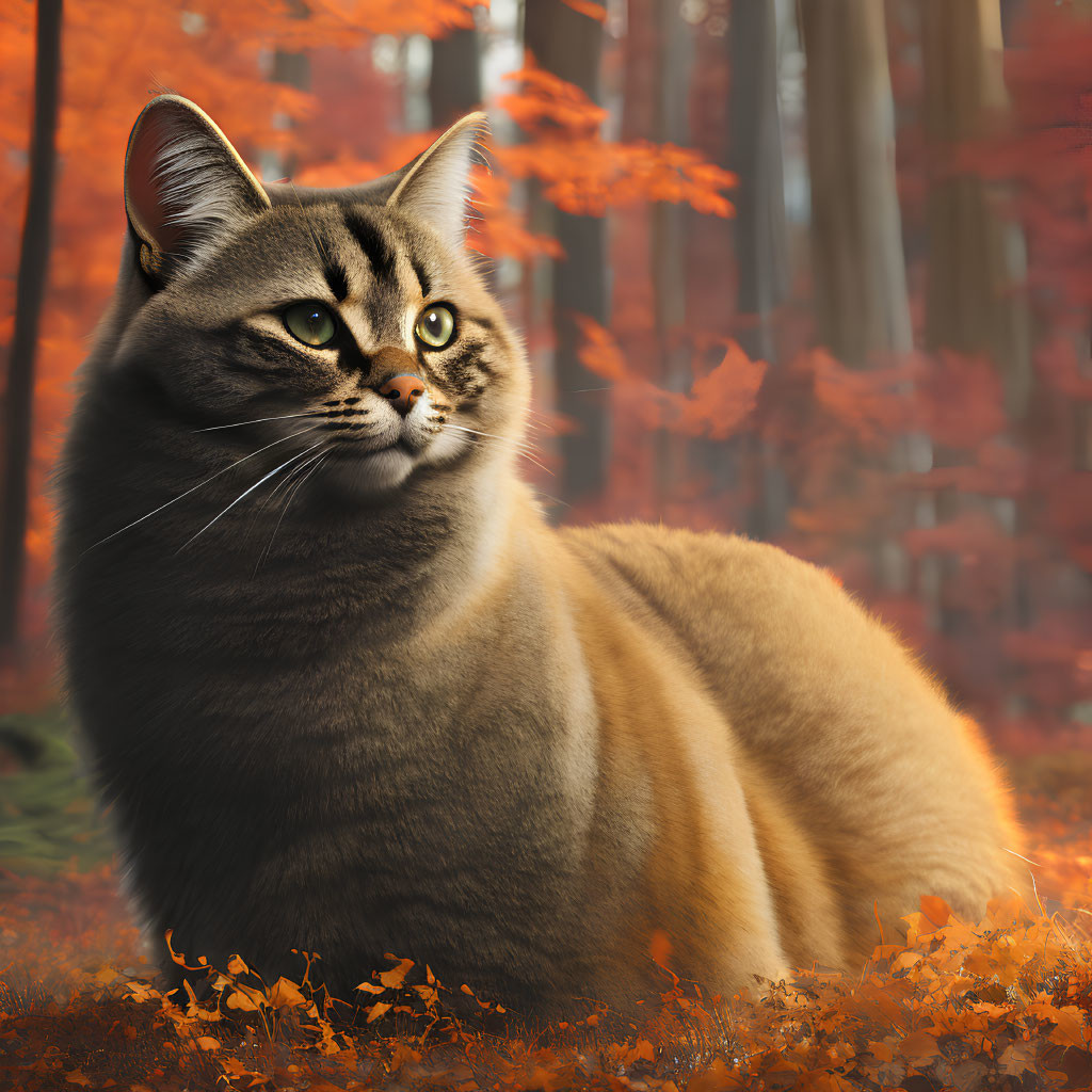 Majestic tabby cat with green eyes in vibrant forest scene