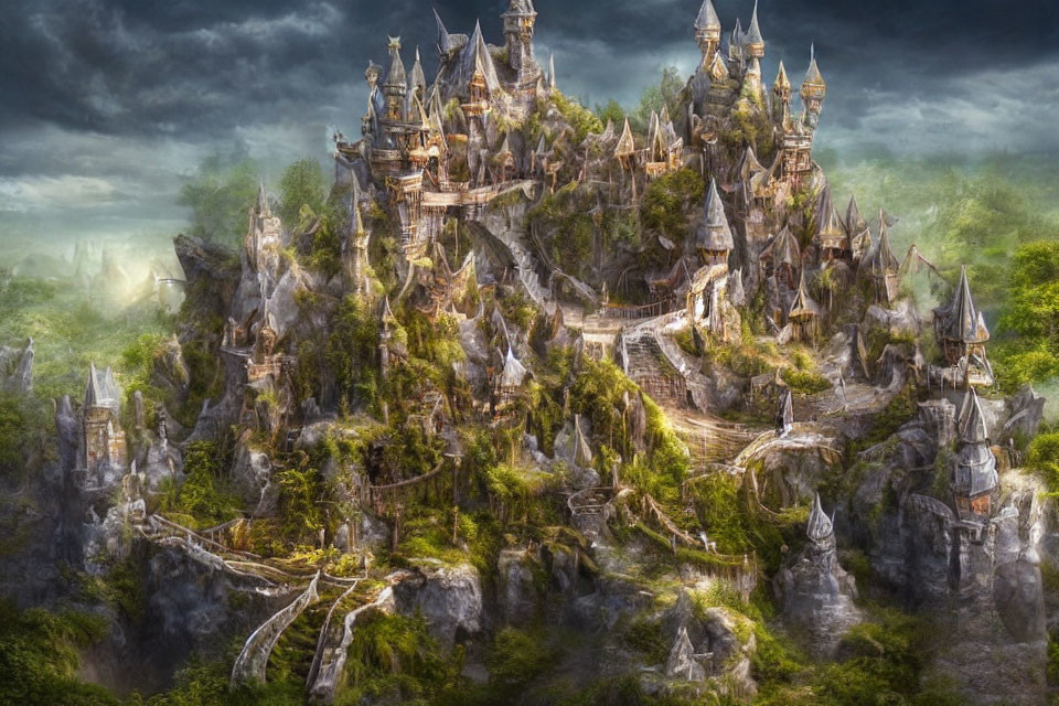 Fantasy castle on craggy cliff with mist and bridges in dramatic sky