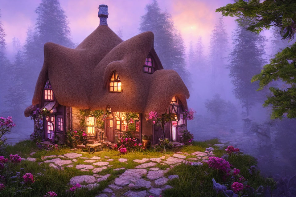 Thatched roof fairytale cottage in misty forest at twilight