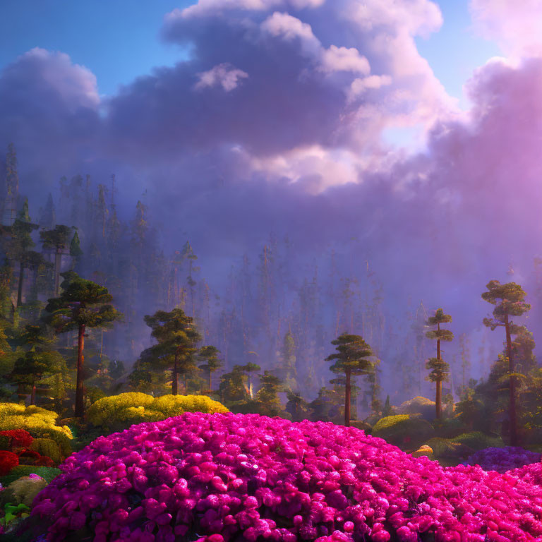 Colorful landscape with pink flowers, misty forest, and blue sky