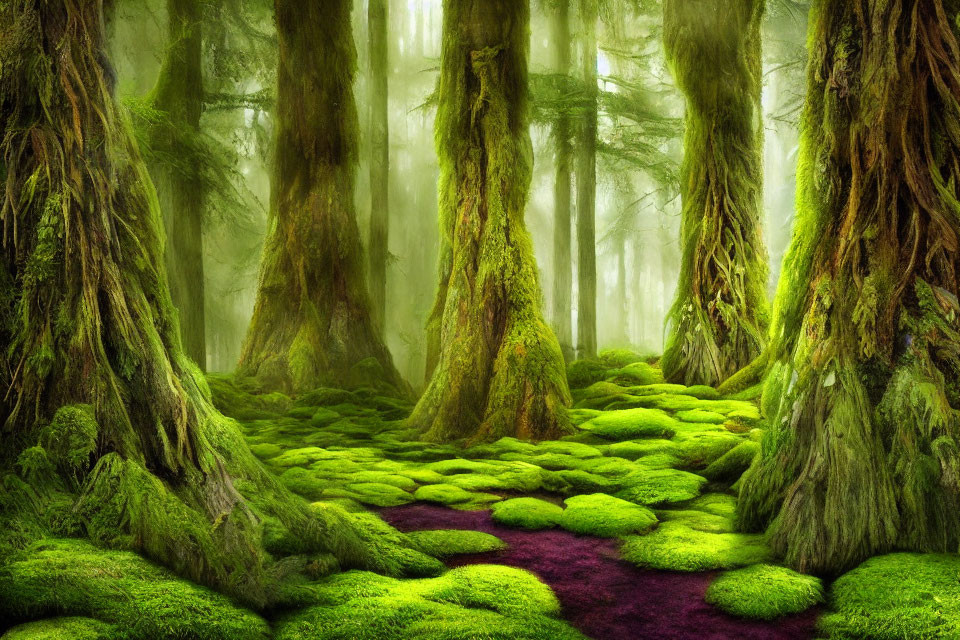 Moss-covered trees in misty forest scene