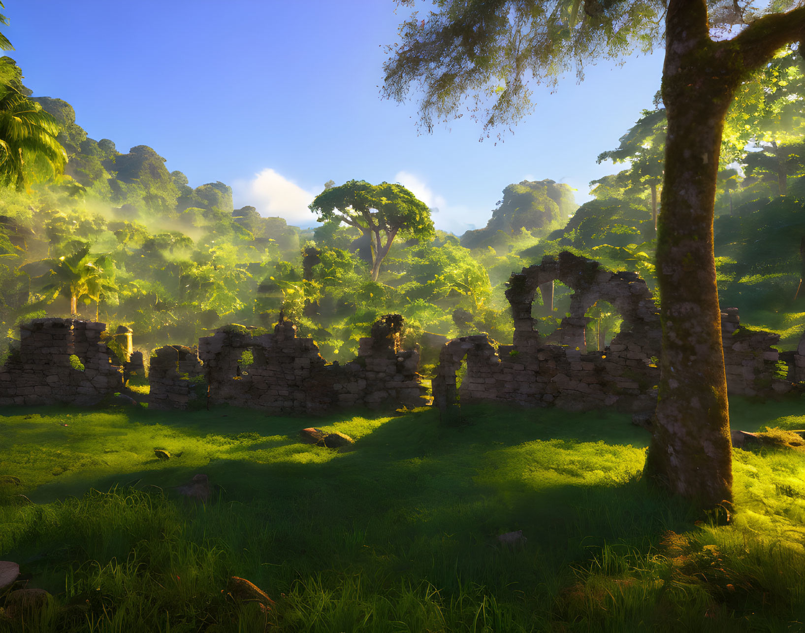 Sunlit forest clearing with stone ruins, green foliage, and mist.
