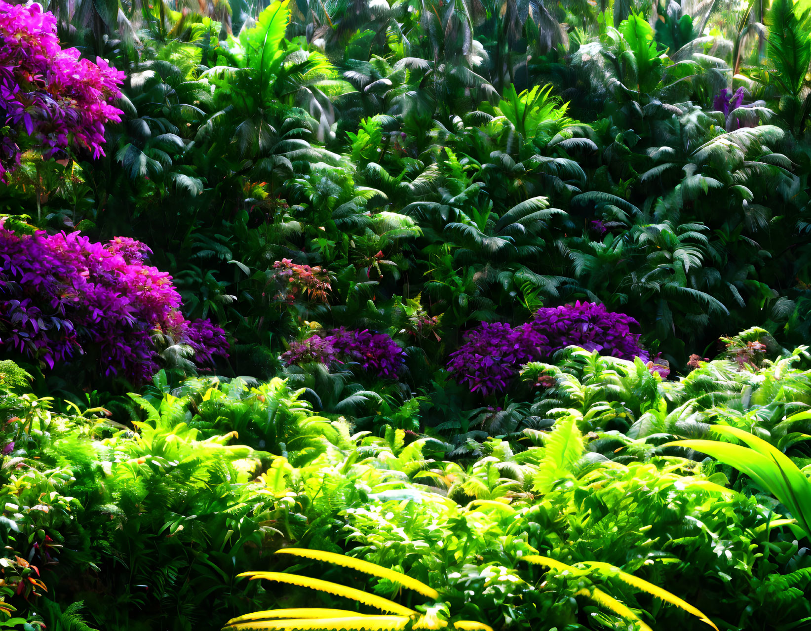 Lush Green Foliage and Bright Purple Flowers in Tropical Garden