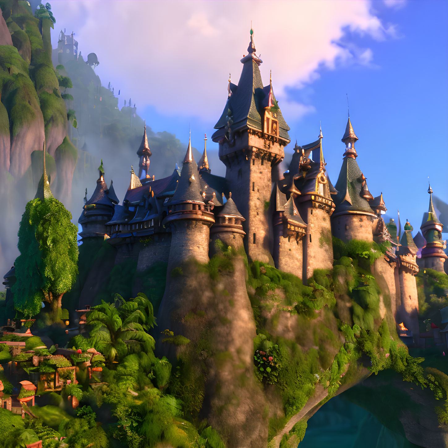 Majestic fairy-tale castle on lush mountain landscape