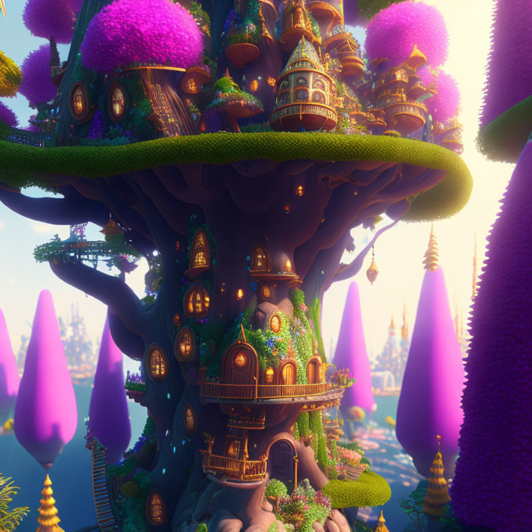 Colorful treehouse in fantasy landscape with glowing windows & intricate designs