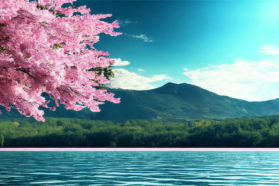 Tranquil Lake with Pink Cherry Blossoms and Green Mountains