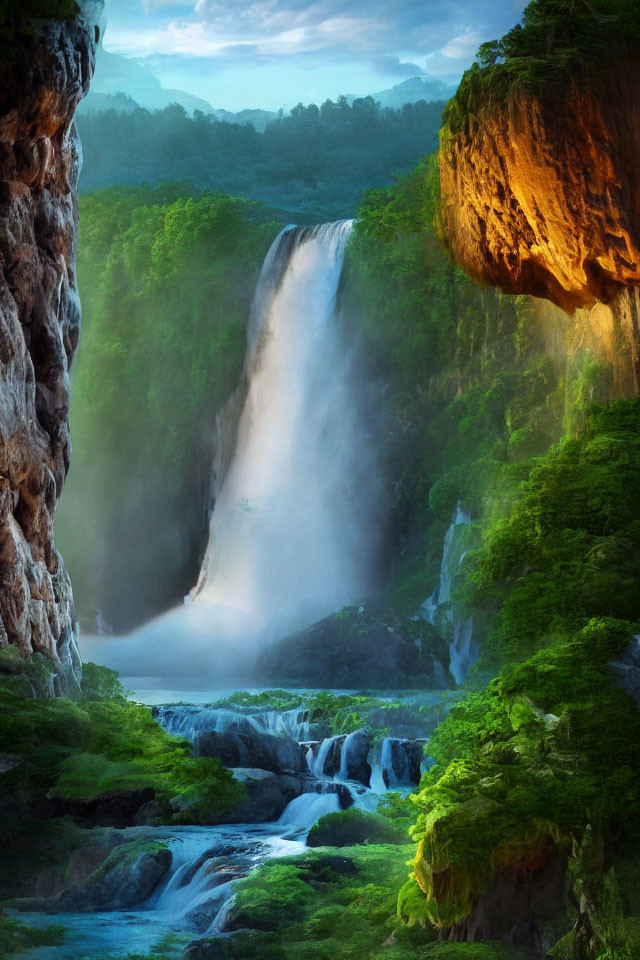Scenic waterfall in lush landscape with sunlight and blue waters