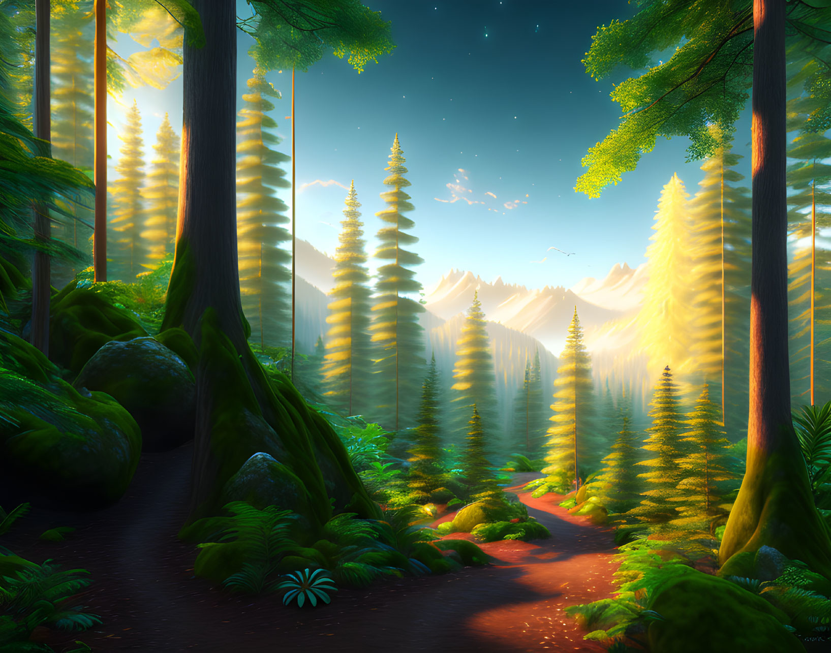 Tranquil forest scene with tall trees, sun rays, path, mountains, and starry sky