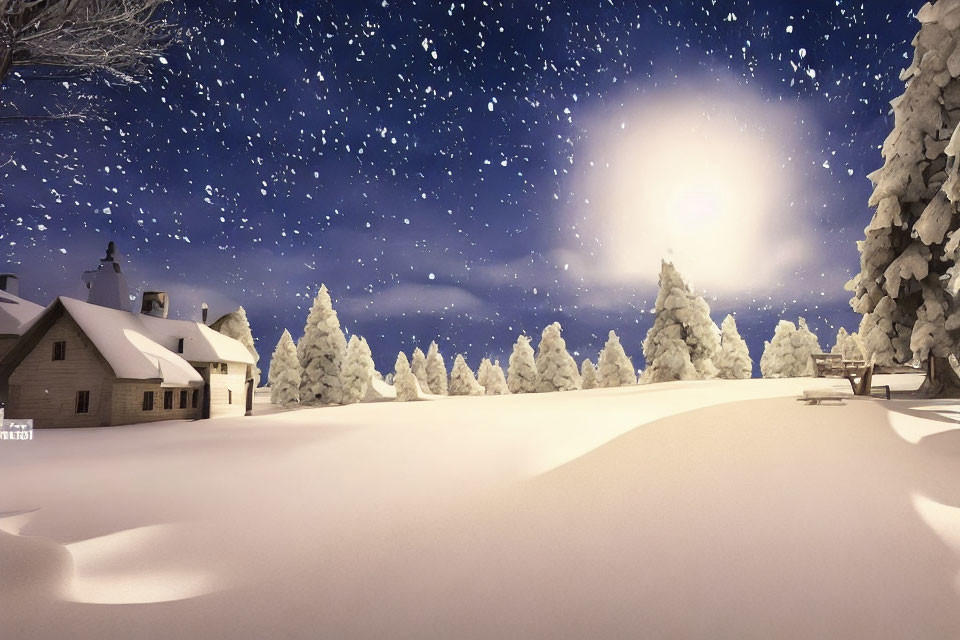 Snow-covered winter night scene with cozy house and falling snowflakes
