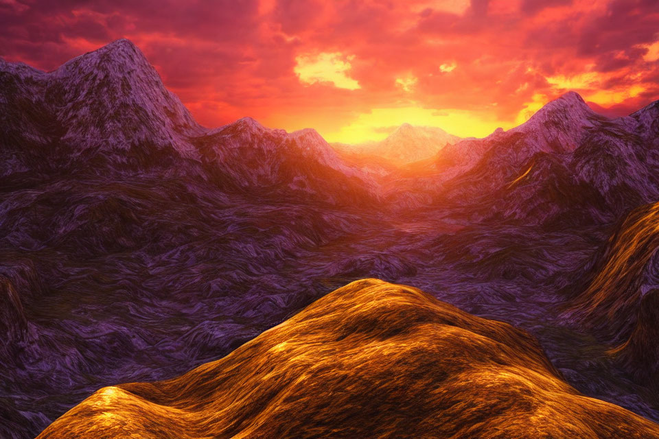 Scenic sunset mountain landscape with fiery clouds and rugged peaks
