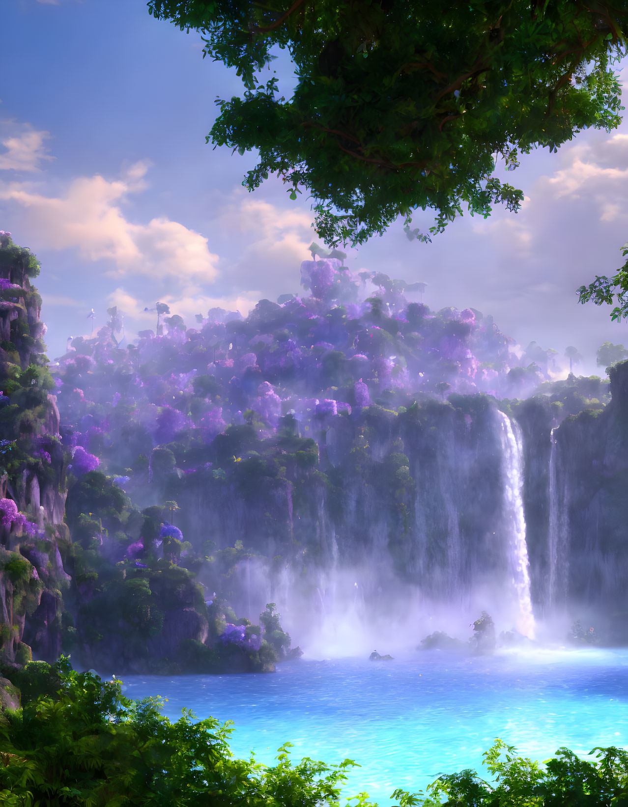 Tranquil fantasy landscape with waterfall, purple flora, trees, and turquoise lake