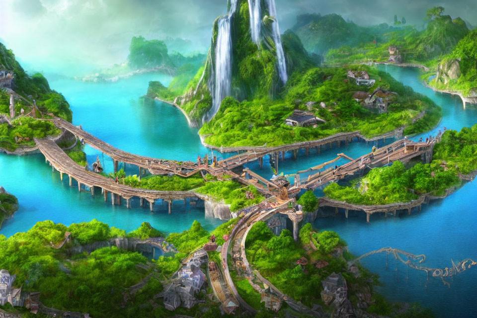 Elaborate bridge system in vibrant fantasy landscape