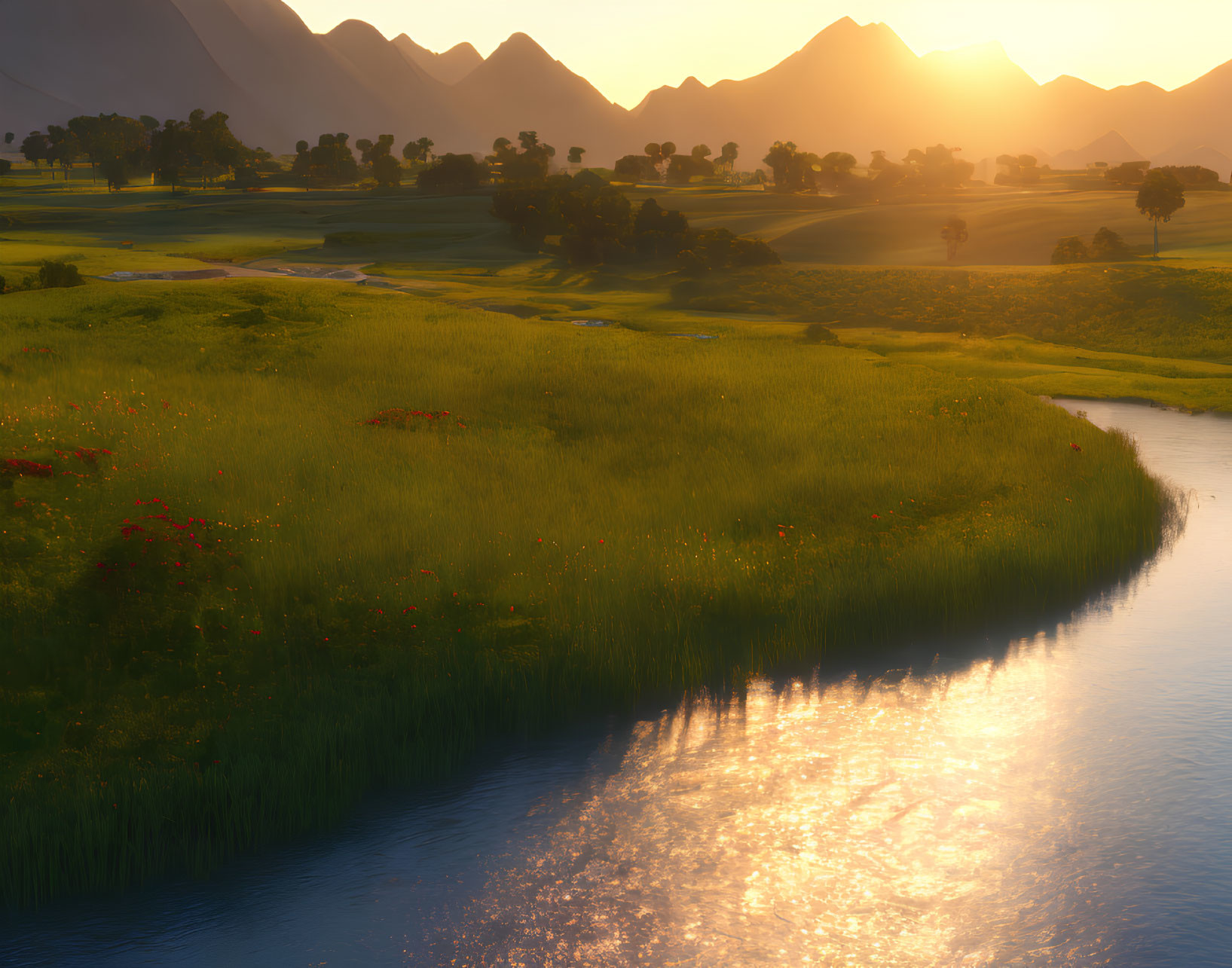 Serene landscape with river, green fields, red flowers, and mountains
