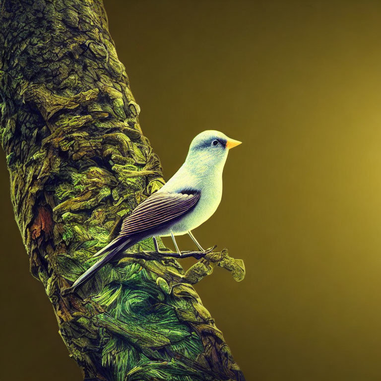Surreal bird with leaf-like textures on twisted tree trunk in yellow-green setting
