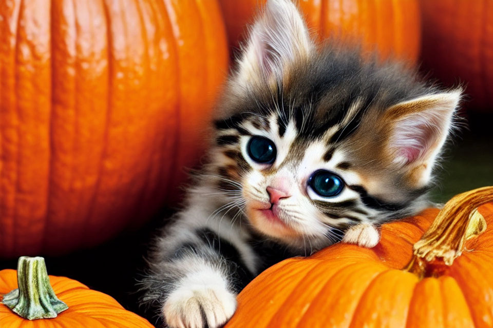 Adorable kitten with blue eyes among orange pumpkins