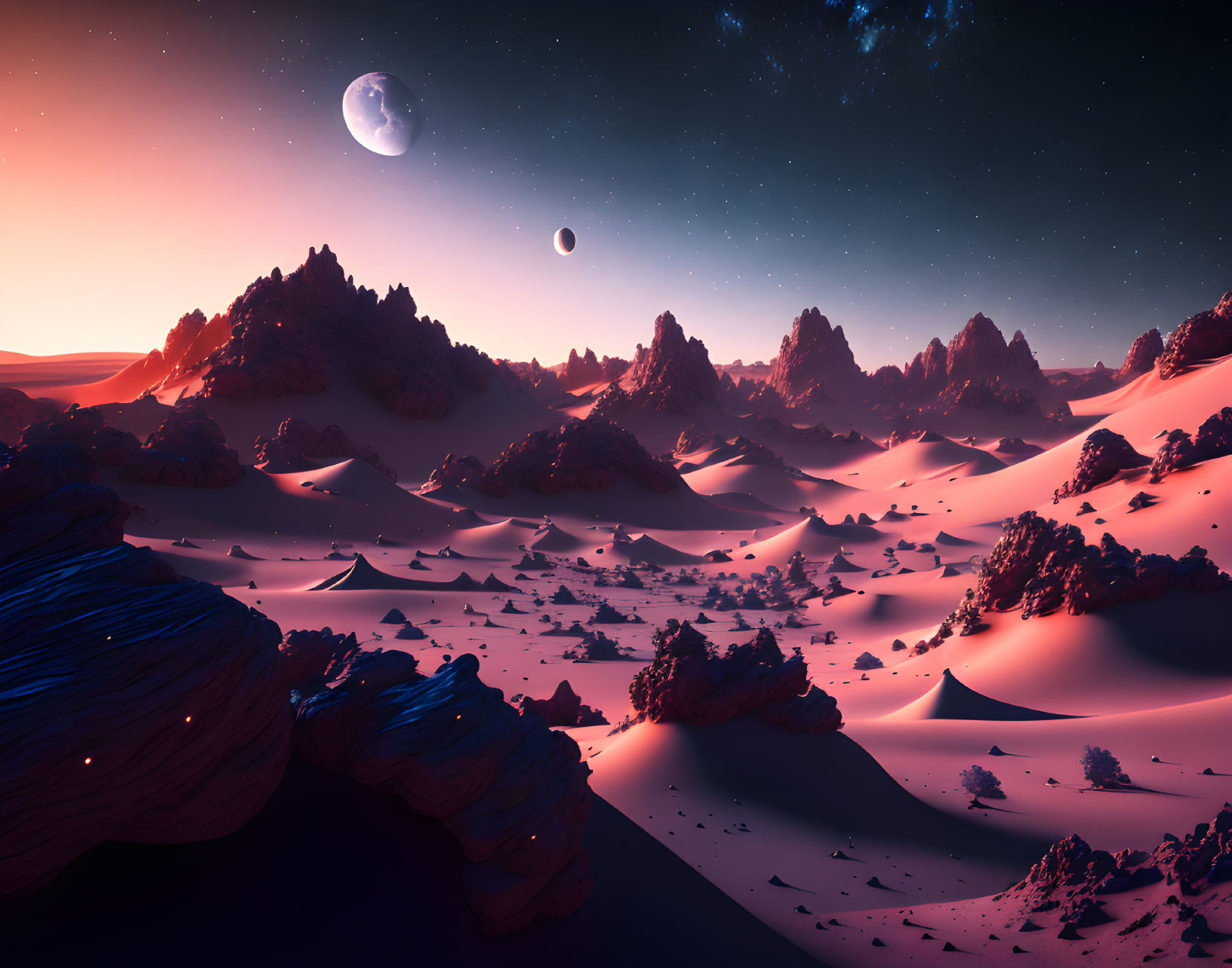 Surreal desert landscape at twilight with sand dunes and starry sky