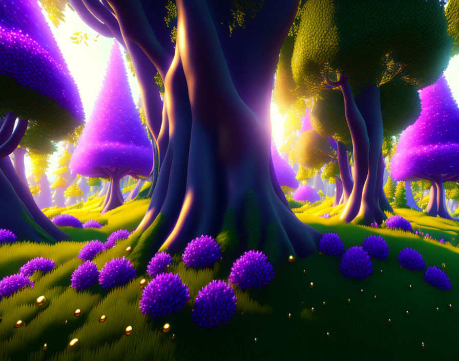 Fantasy forest with purple trees, glowing lights, and yellow sky