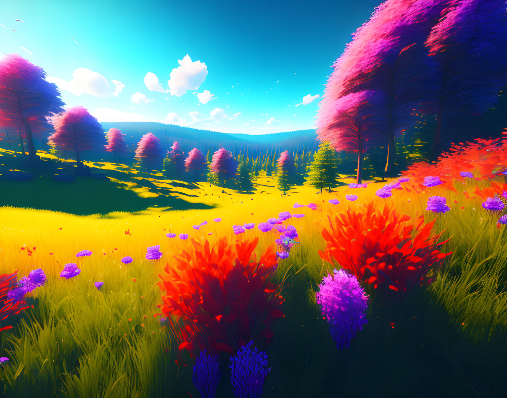 Colorful Meadow with Variety of Flowers and Purple Trees under Clear Blue Sky