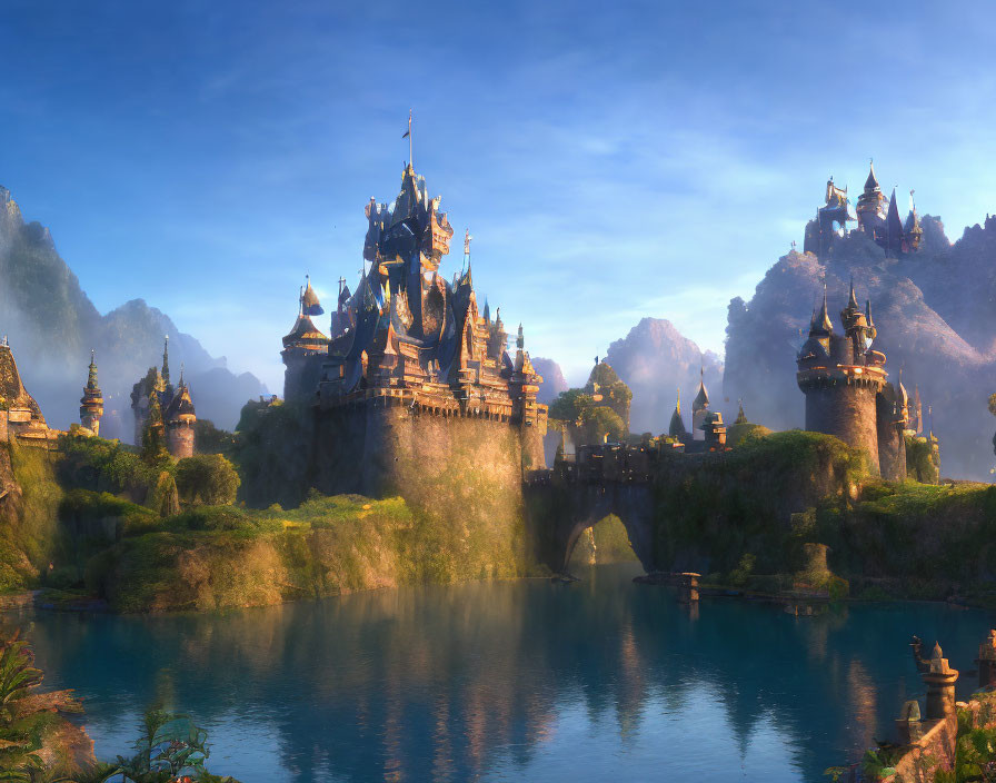 Mystical castle with spires in lush mountain setting