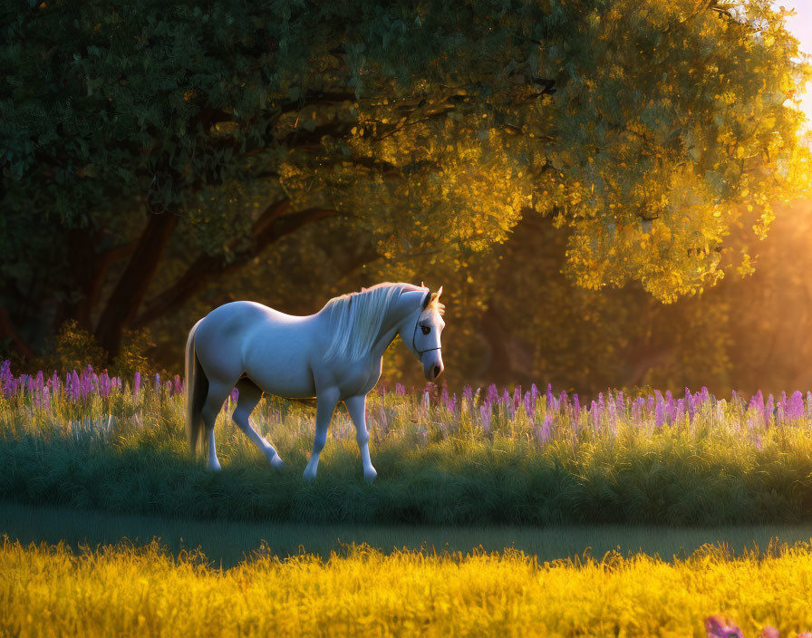 White Horse Grazing in Sunlit Field with Purple Flowers and Trees