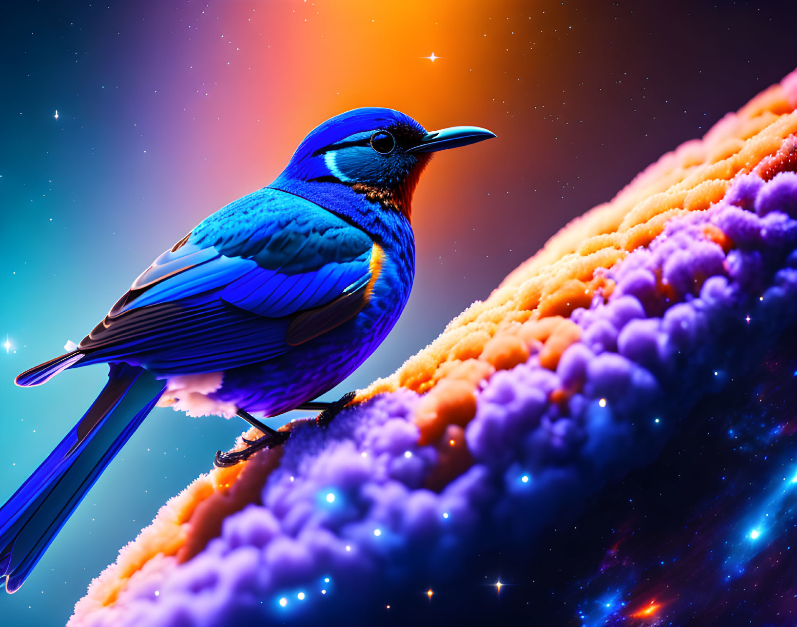 Colorful Blue Bird on Nebula Structure in Cosmic Setting