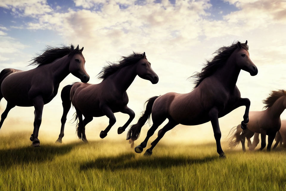 Herd of galloping horses on grassy field under golden sky