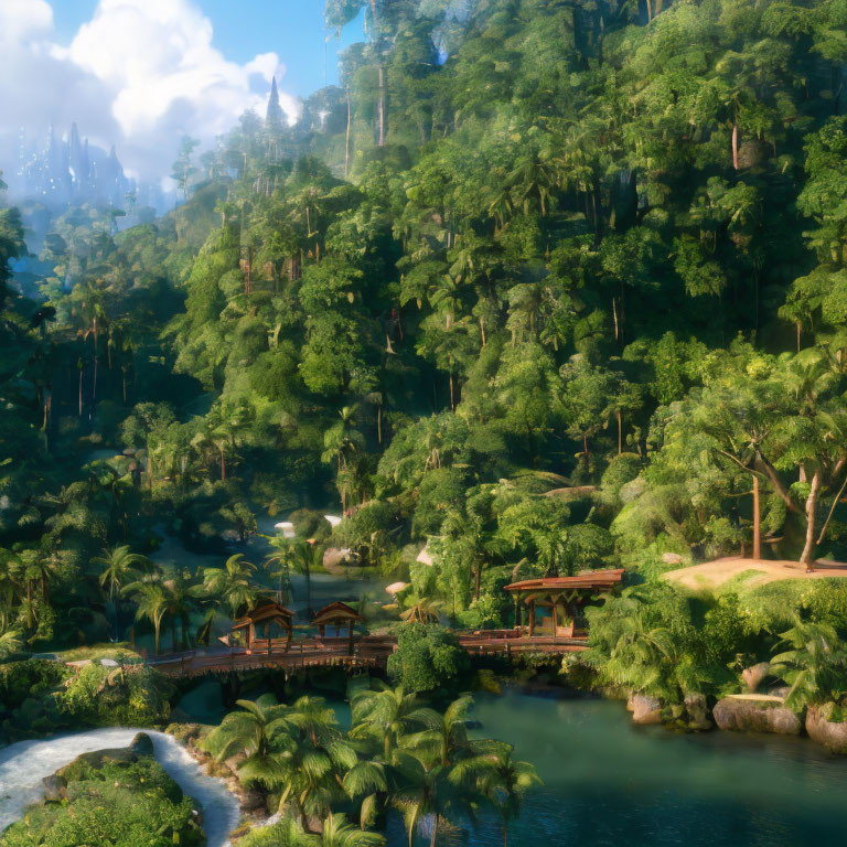 Tranquil forest scene with river, wooden structures, and bridges