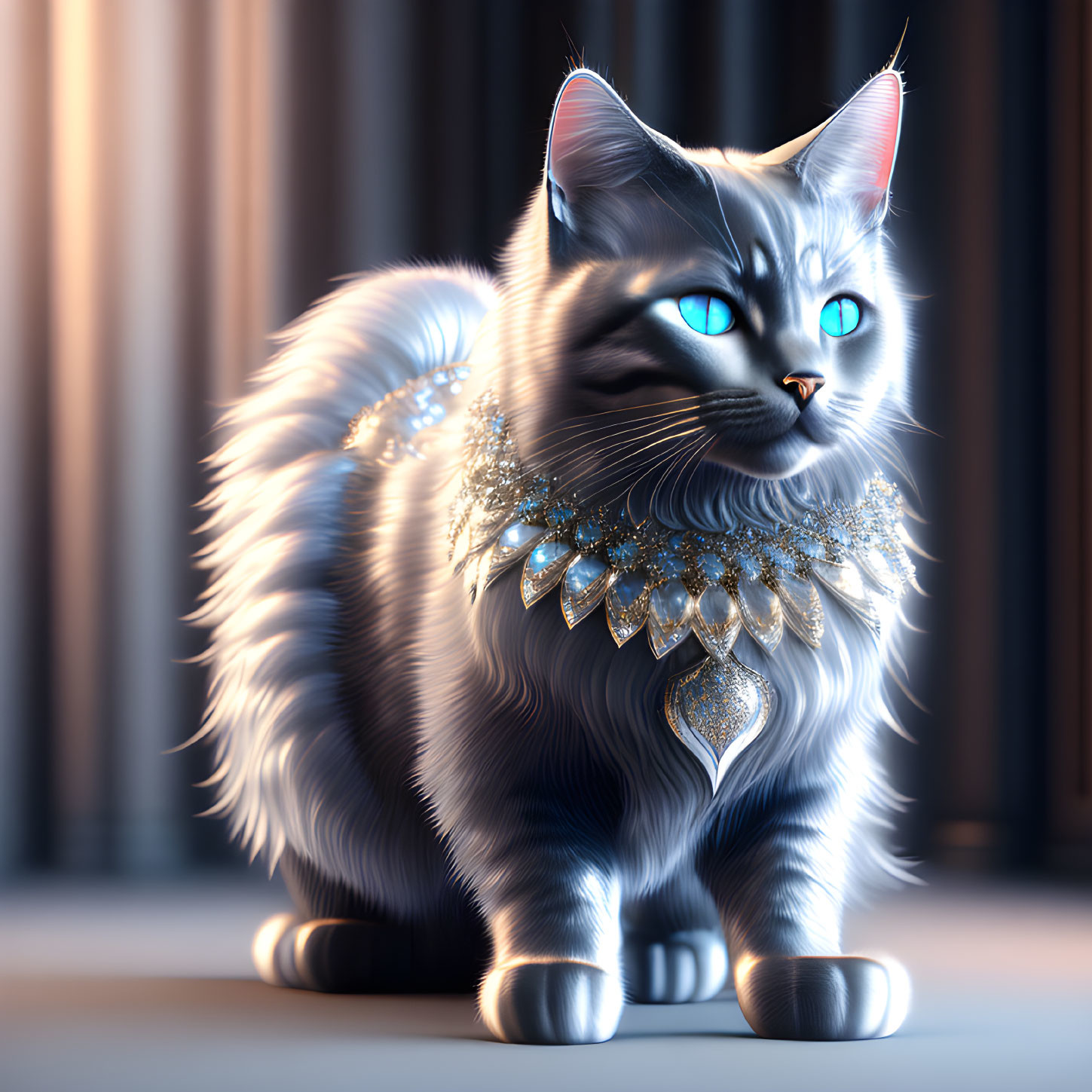 Fluffy cat with blue eyes and golden necklace in regal room