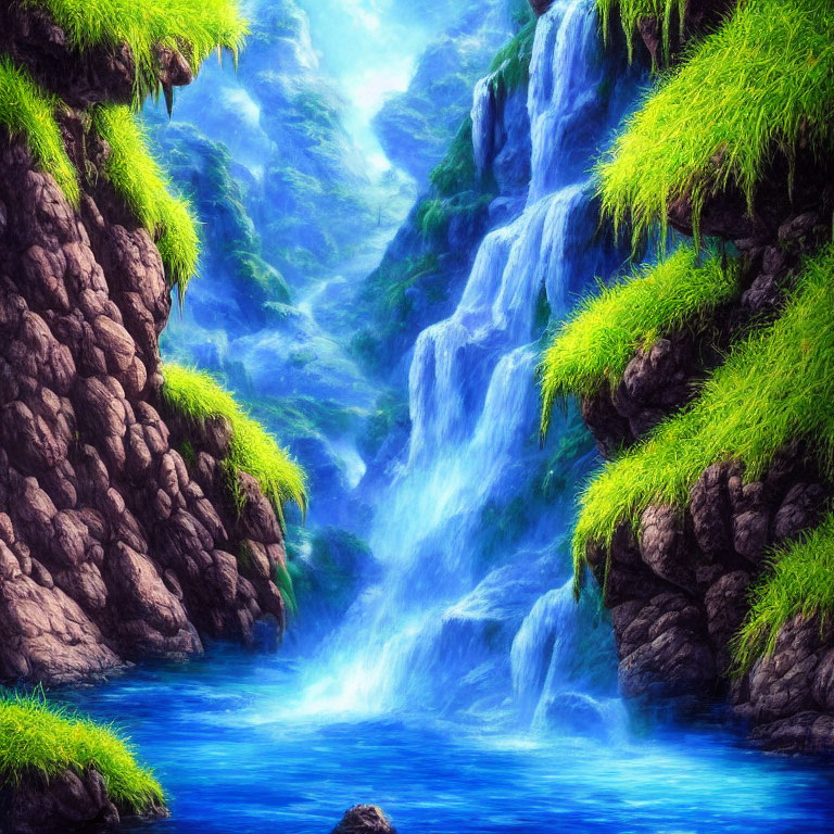 Scenic waterfall painting with lush greenery and blue pool