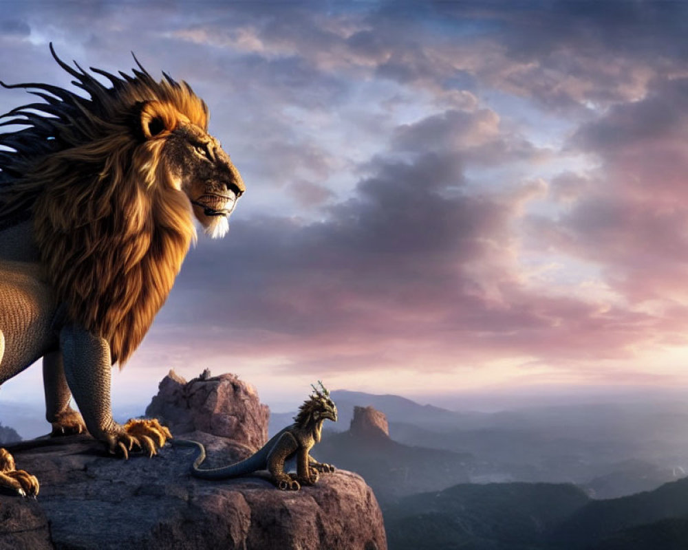 Majestic lion with sun-ray mane and dragon on cliff at dawn