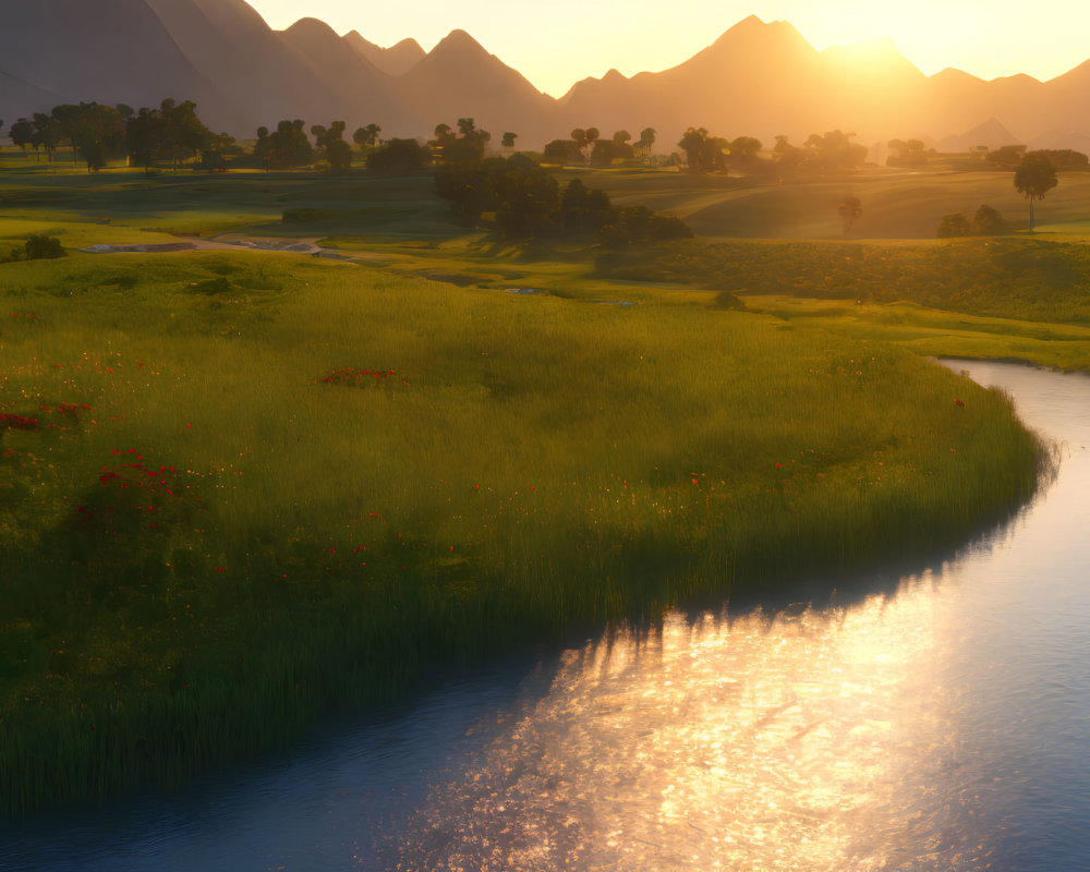 Serene landscape with river, green fields, red flowers, and mountains