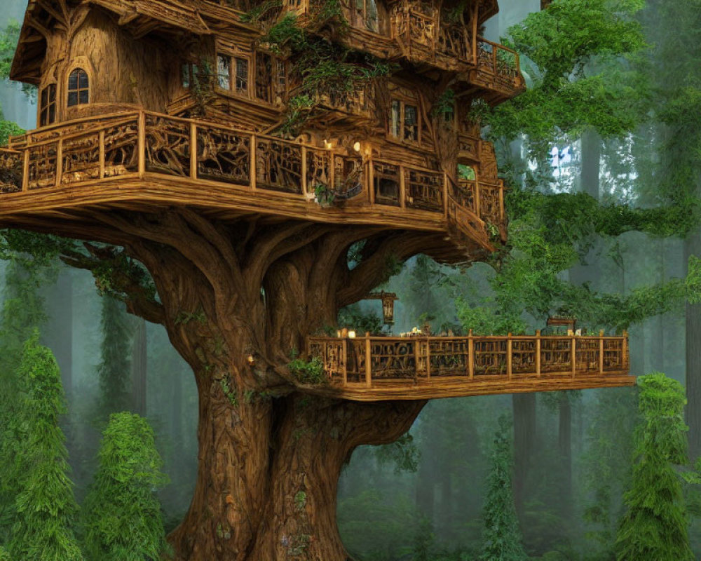 Wooden treehouse with multiple levels and balconies in lush forest