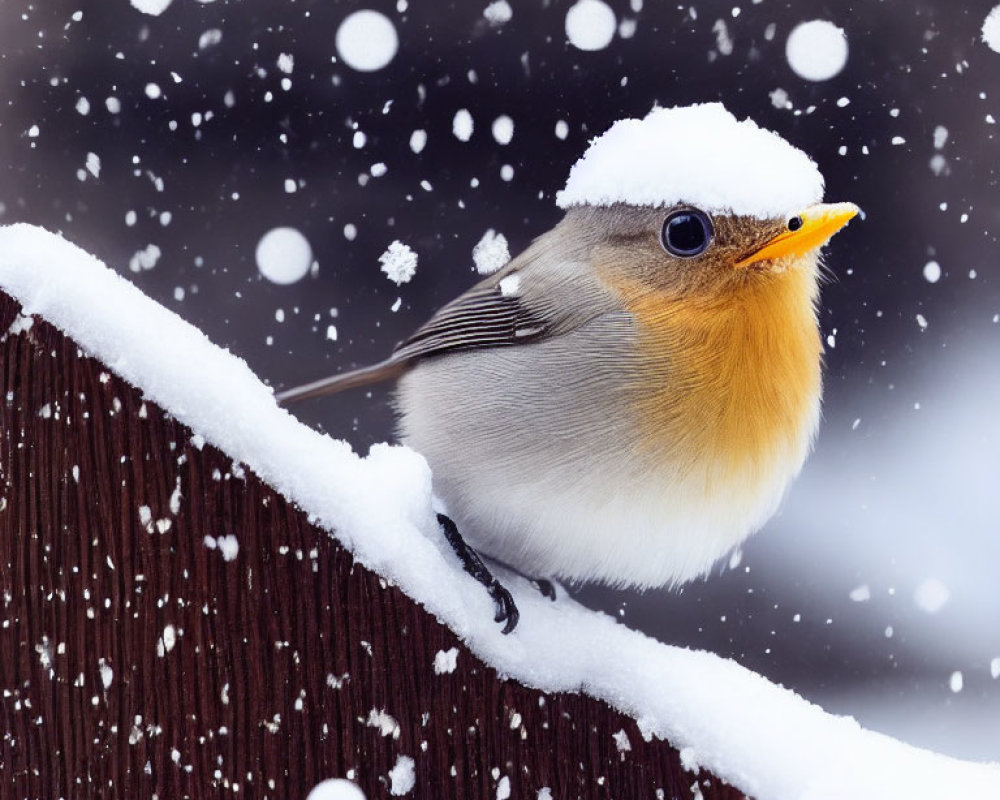 Robin perched on snow-covered fence in snowfall