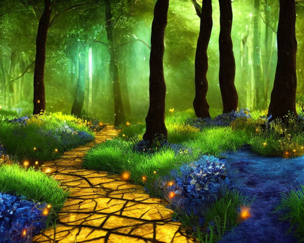 Enchanting forest path with glowing lights and vibrant green trees