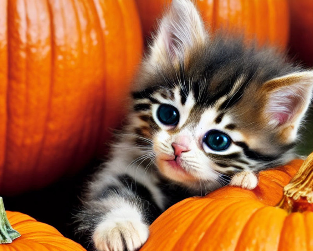 Adorable kitten with blue eyes among orange pumpkins