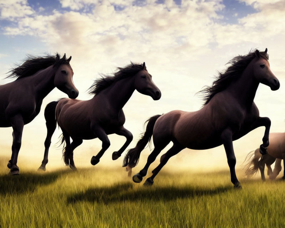 Herd of galloping horses on grassy field under golden sky