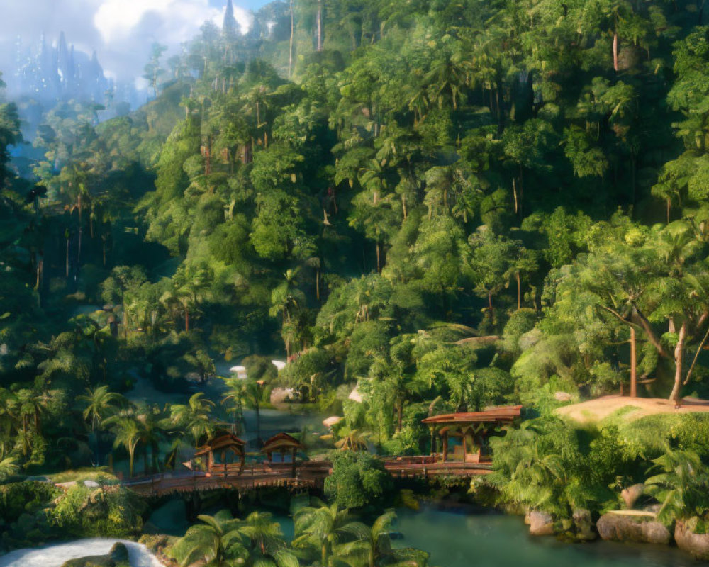Tranquil forest scene with river, wooden structures, and bridges
