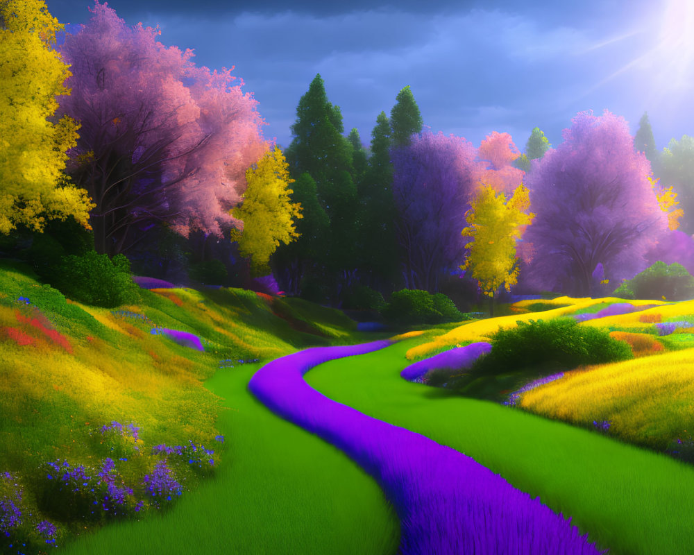 Colorful landscape with winding path, pink trees, and vibrant flowers under a bright sun and dramatic sky