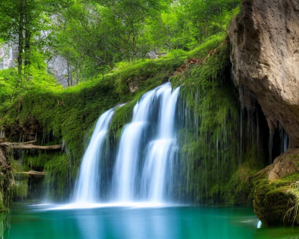 Tranquil waterfall surrounded by lush greenery and vibrant foliage